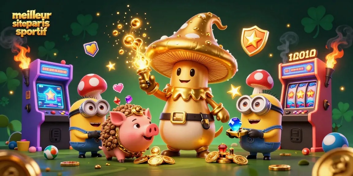 Illustration colorée du meilleur site de paris sportif mettant en scène un sorcier champignon doré, un cochon truffier et des lutins avec des joyaux.