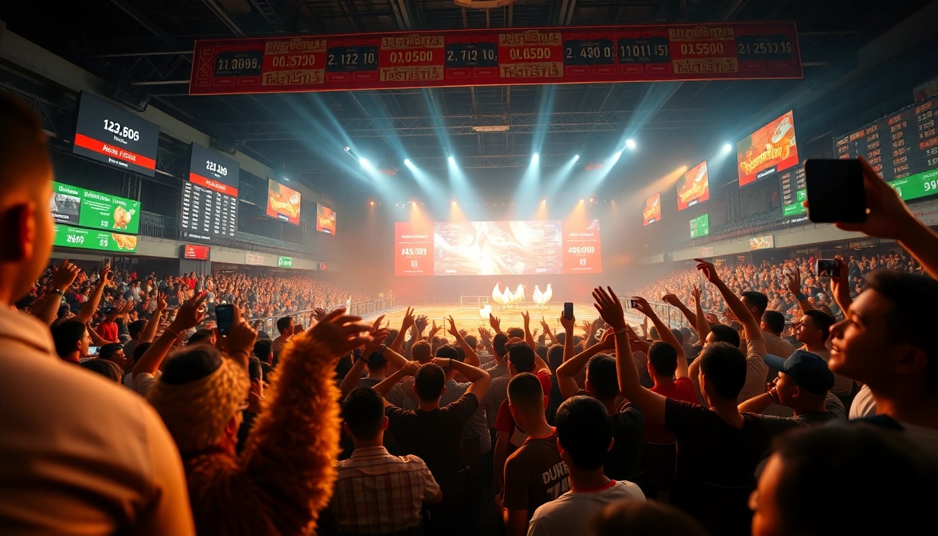 Experience live chicken fighting excitement at dagawin.live, featuring a vibrant betting atmosphere with spectators.