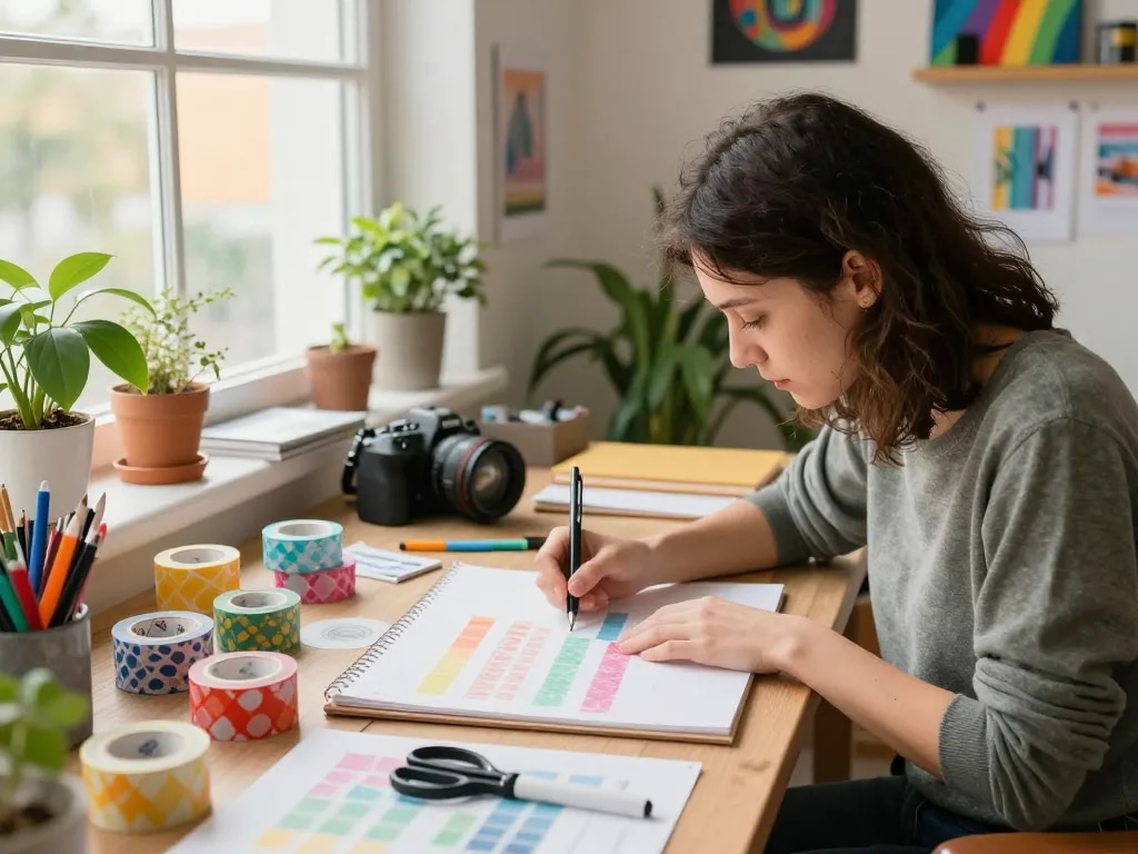Creative designer working with custom washi tape designs amidst vibrant colors and natural light.