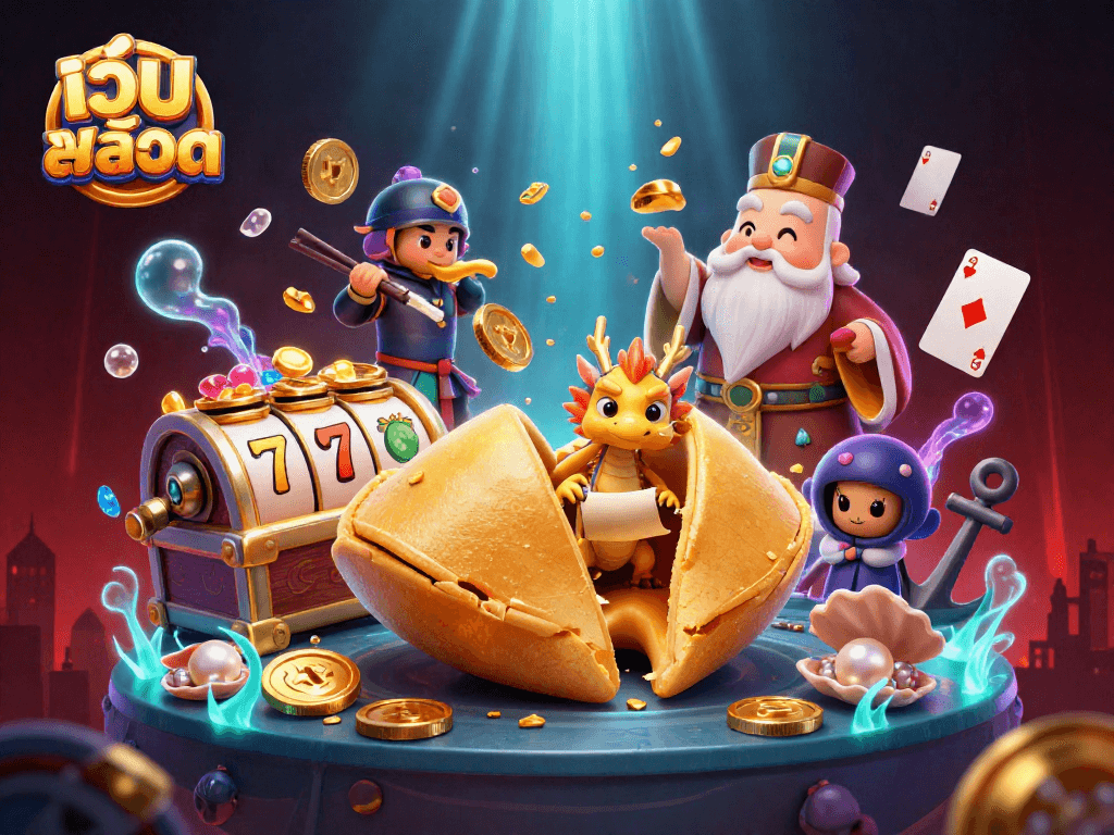 Engage with เว็บสล็อต and explore a vibrant 3D scene of fortune cookies, dragons, and slot reels.