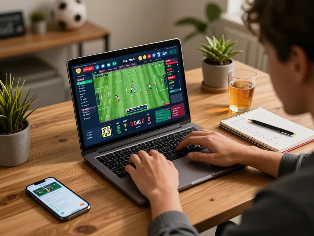 Exciting online betting action with Nhà cái XIBET, showcasing live sports odds and strategic notes on a laptop.