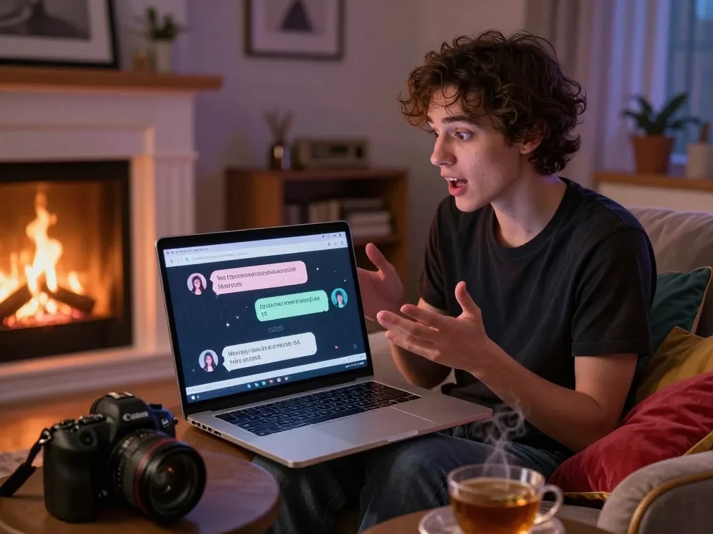 Person enjoying engaging sex chat AI conversation on a laptop in cozy study with mood lighting.