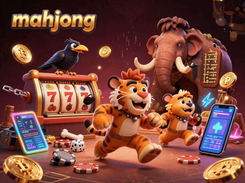 Engage in mahjong excitement with a cartoon caveman duo at a prehistoric casino amid neon lights and crypto elements.