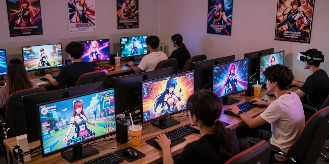 Players immersed in an ecchi simulator game in a cozy gaming lounge, showcasing interactive adult content.