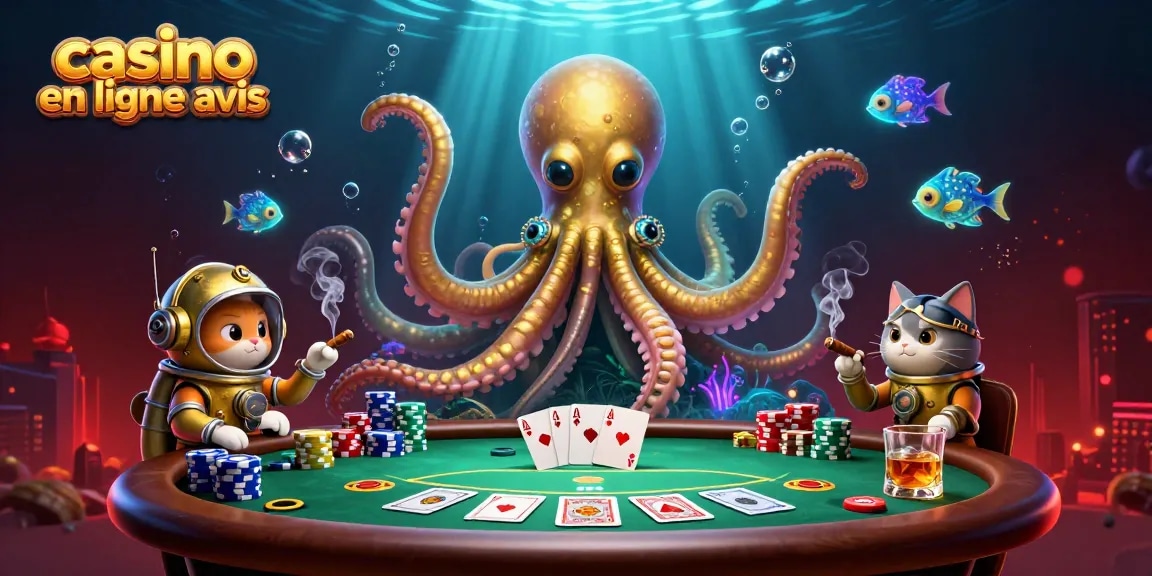 Découvrez les avis sur le casino en ligne avec une scène dynamique impliquant un kraken et un chat plongeur.