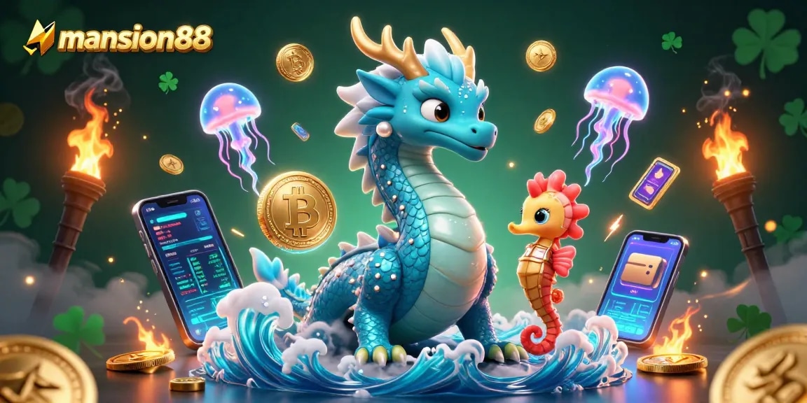 Experience the excitement of betting at mansion88 with vibrant dragons and crypto-themed elements.