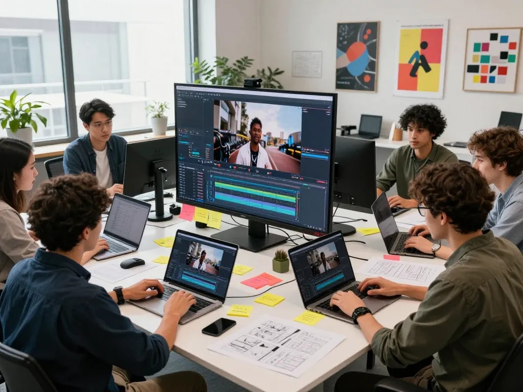 Seedance 2.0 video production team collaborating on AI-generated content in a modern workspace