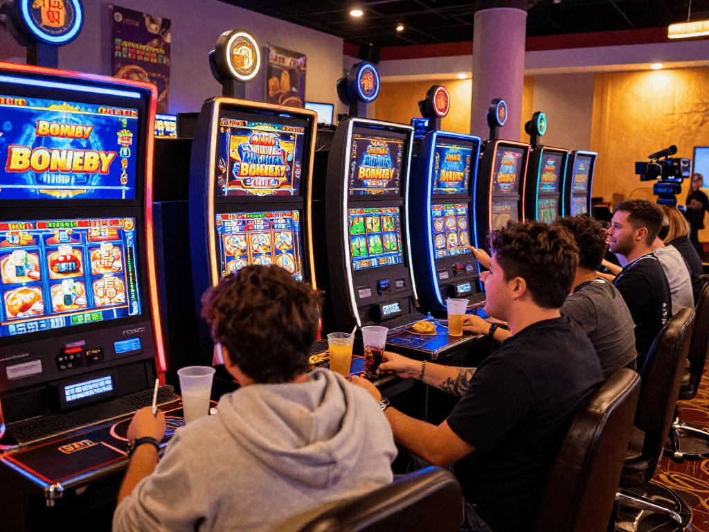 Exciting players enjoying bonus buy slots at vibrant online casino, showcasing thrilling gameplay and colorful atmosphere