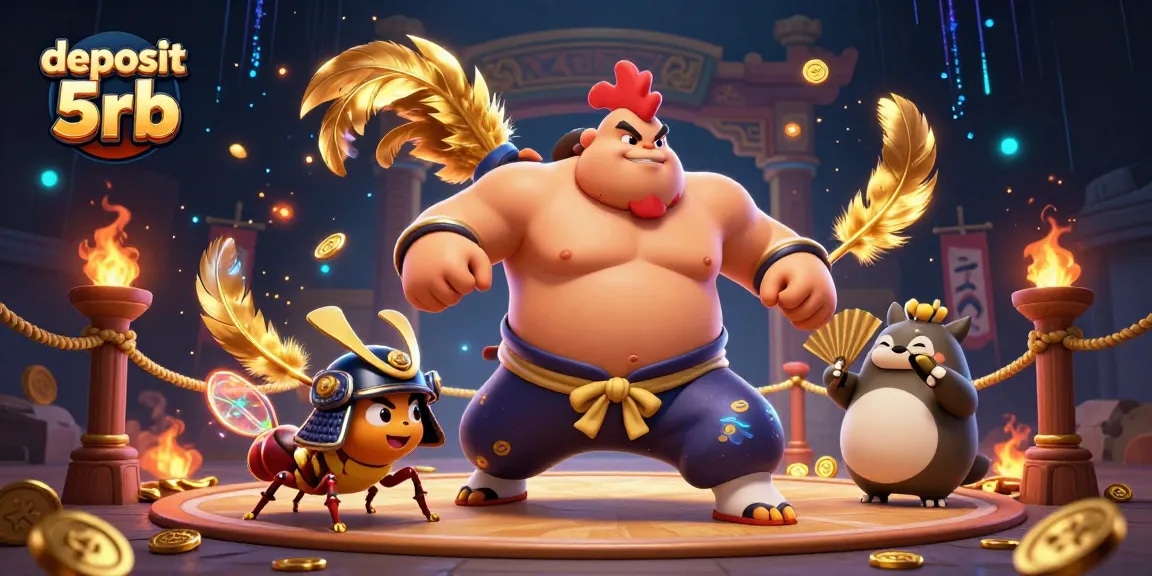 Engage with deposit 5rb in thrilling casino action featuring a powerful sumo rooster and samurai cricket.