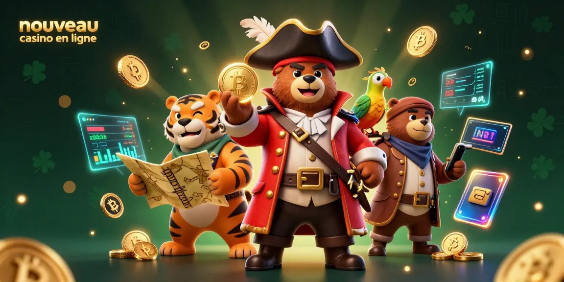 Découvrez le nouveau casino en ligne avec un ours pirate et un tigre, entourés de pièces de crypto.