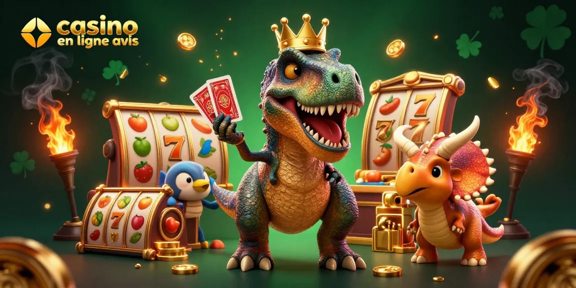 Évaluez les jeux avec un T-Rex royal dans cet aperçu casino en ligne avis, illustrant l'excitation des machines à sous.