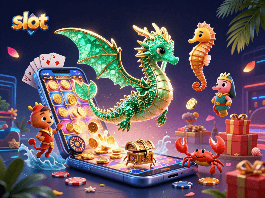 Slot dengan naga laut 3D dan smartphone menampilkan permainan slot berwarna-warni.