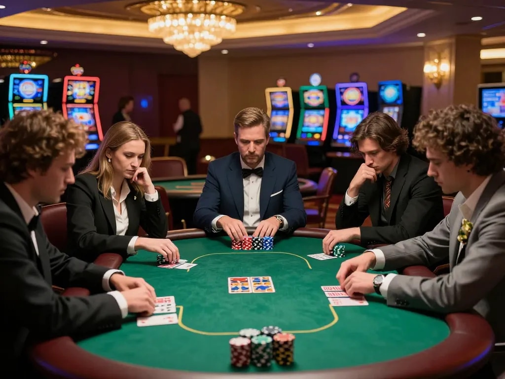 Intense poker gameplay at an upscale casino, showcasing players at a stylish table with chips and cards, say88 brand represented.