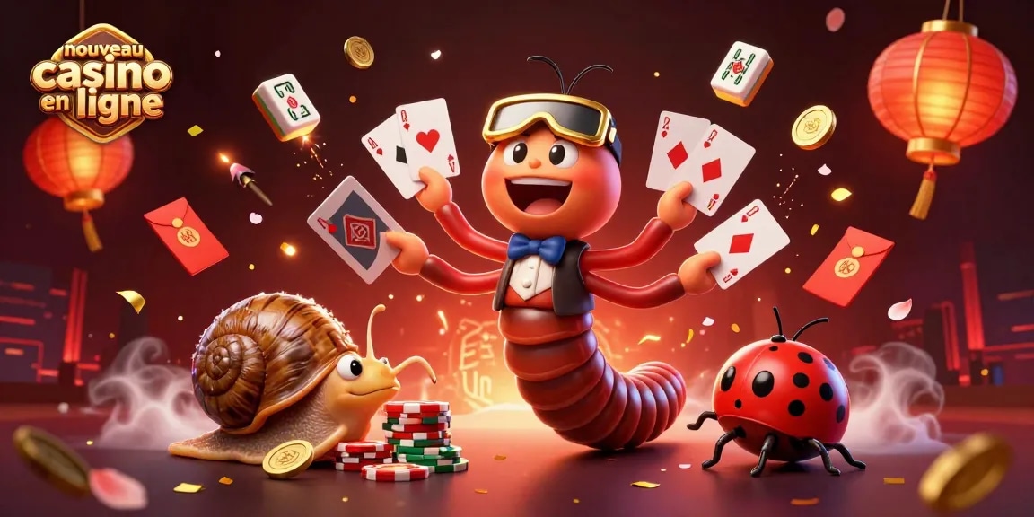 Admirez le nouveau casino en ligne avec un mille-pattes dealer, des jetons brillants et des cartes flottantes.