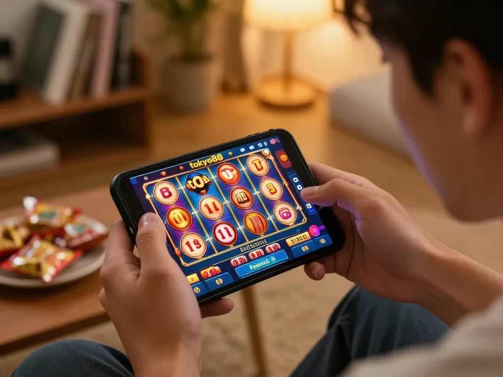 Pemain menikmati slot tokyo88 di smartphone di ruang tamu yang nyaman, menyoroti pengalaman permainan online.
