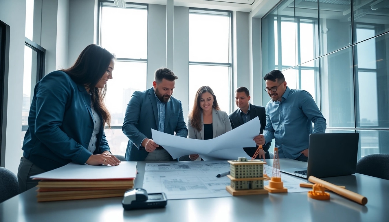 Manhattan Construction Manager team collaborating on blueprints in a modern office environment.