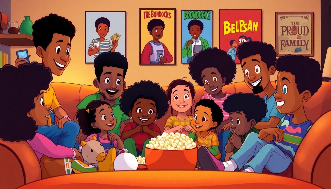 Children enjoying African American Cartoons in a cozy living room setting.