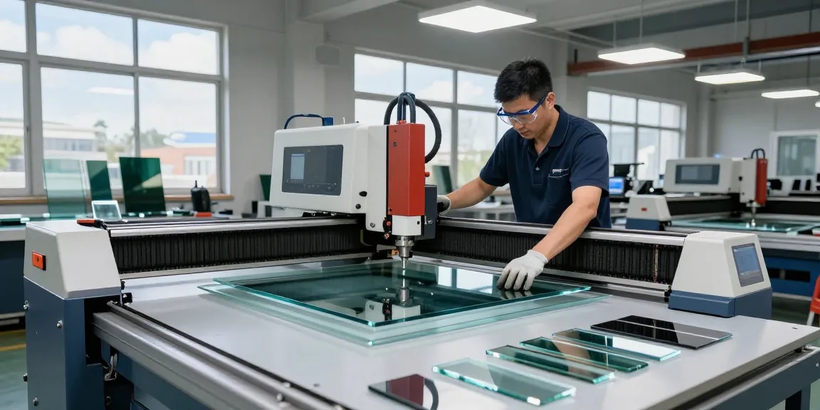 Technician operating a CNC glass cutting machine in a modern workshop for precise glass cutting processes.