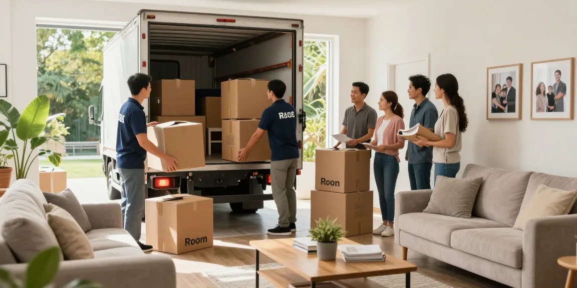 Cullen moving services showcasing friendly movers unpacking boxes in a bright living room