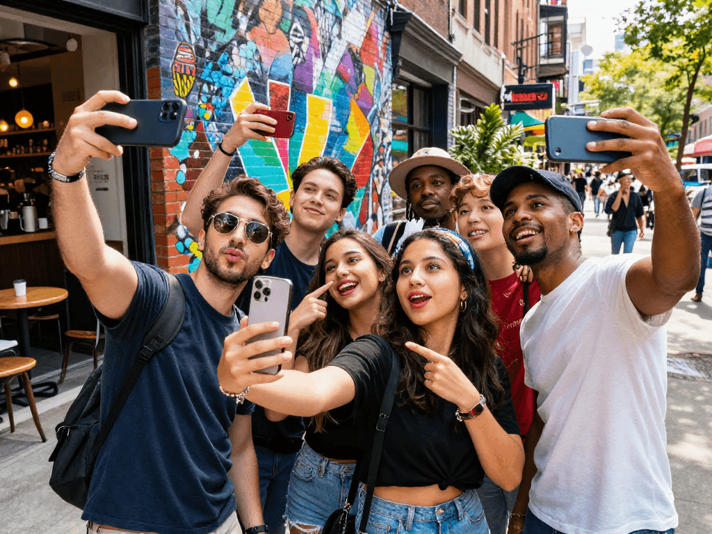 Friends comparing their looks to celebrity look alike matches on a smartphone in an urban setting