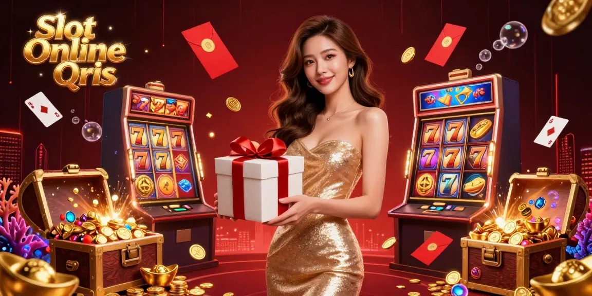 Experience the excitement of Slot Online Qris with dynamic slot reels in a festive casino illustration.