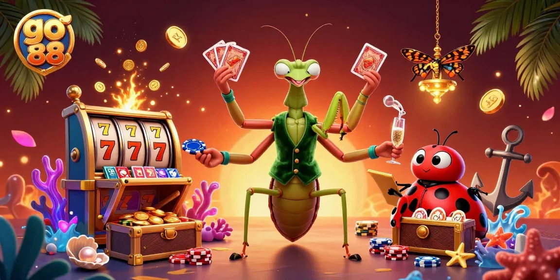 Engaging casino scene showcasing go 88 with a vibrant praying mantis card sharp and iconic slot elements.