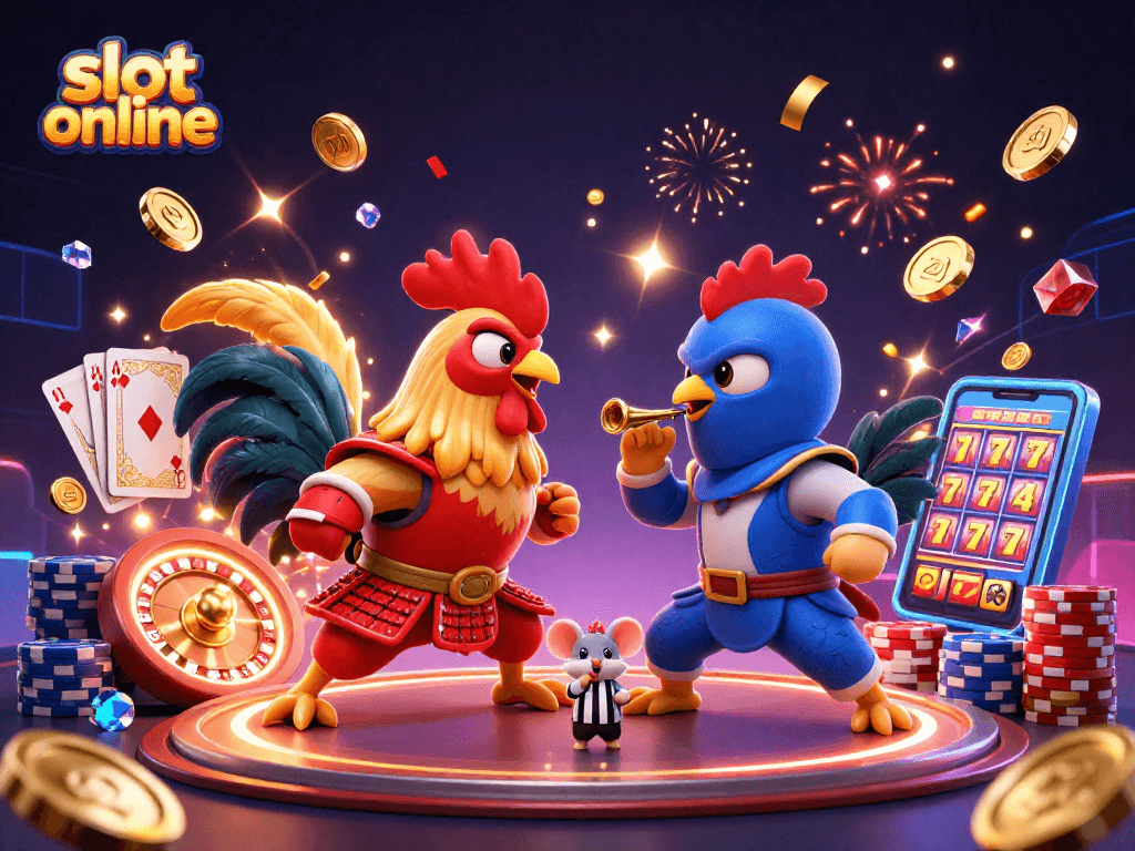 Slot online menampilkan ayam jantan bertarung dengan efek uang koin berkilauan.