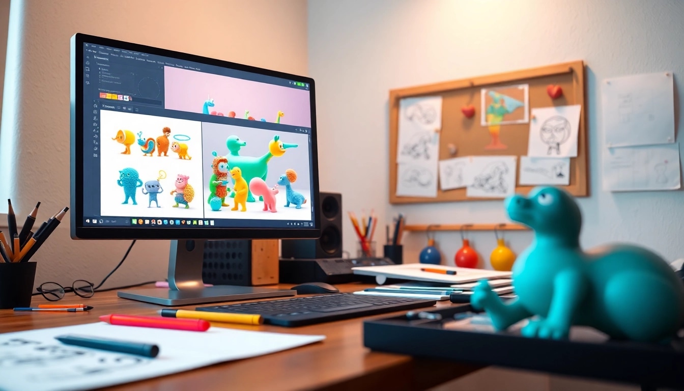 3D Animation kreative Arbeitsumgebung mit bunten Modellen und Animationen.
