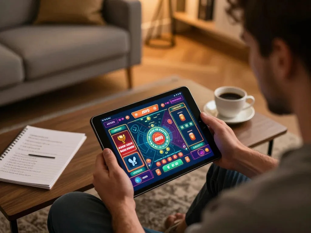 Player strategically engaged with m99 on a tablet during an online gambling session at home
