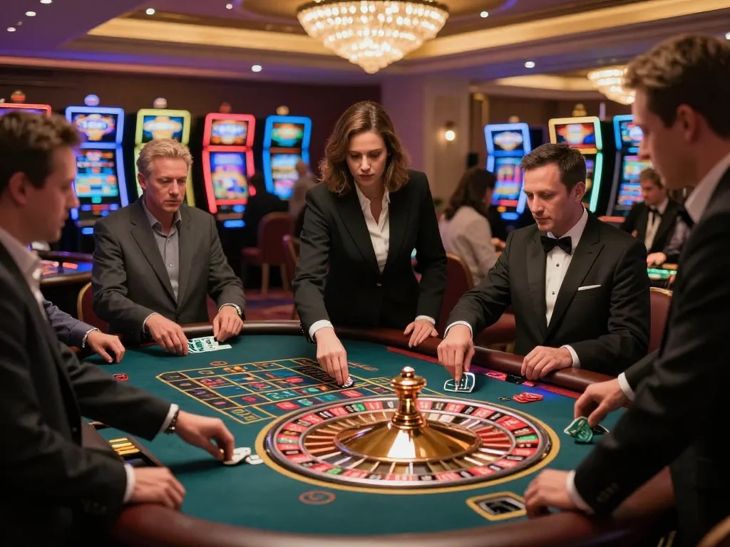 Players engaging at the roulette table in a lively casino, experience the excitement of nhà cái 888VI.