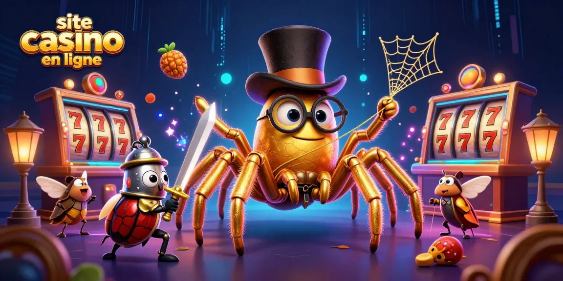 Illustration d'un site casino en ligne avec une tarantule dorée et un chevalier avec une épée dorée.