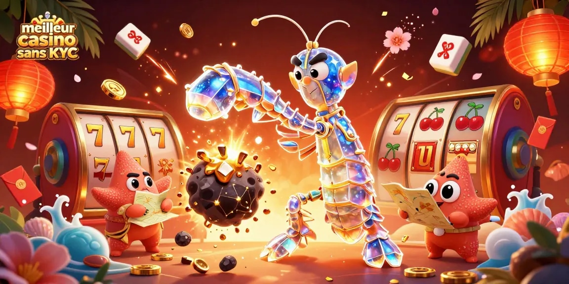 Jouez au meilleur casino sans KYC avec une illustration captivante de samouraï extraterrestre et machines à sous scintillantes.