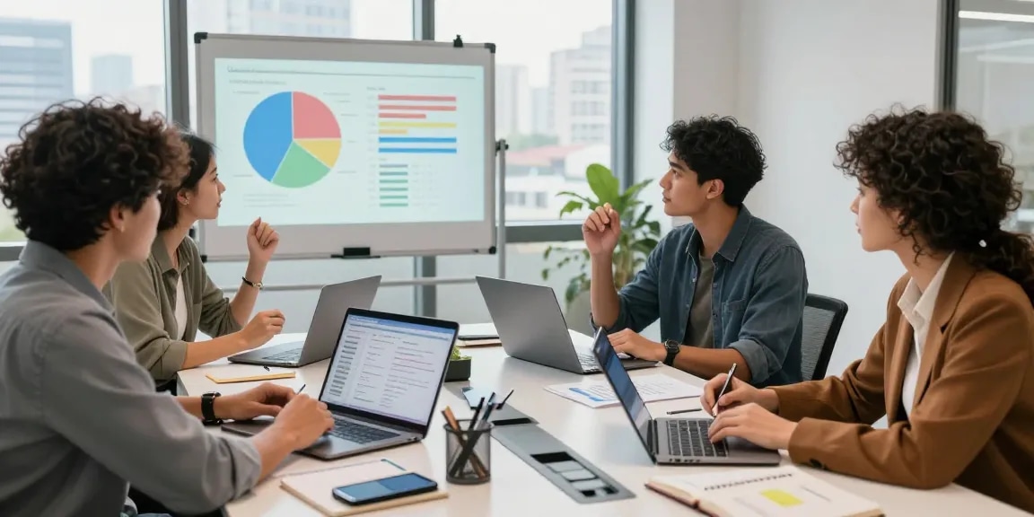 Brainstorming marketing strategies in a vibrant office scene at https://factors.org.uk, showcasing a dynamic team collaborating with data visualizations.