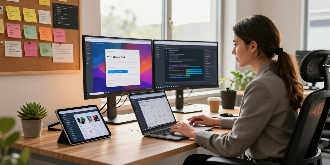WPS Download in a modern tech workspace showing a professional woman engaging with software on dual monitors.