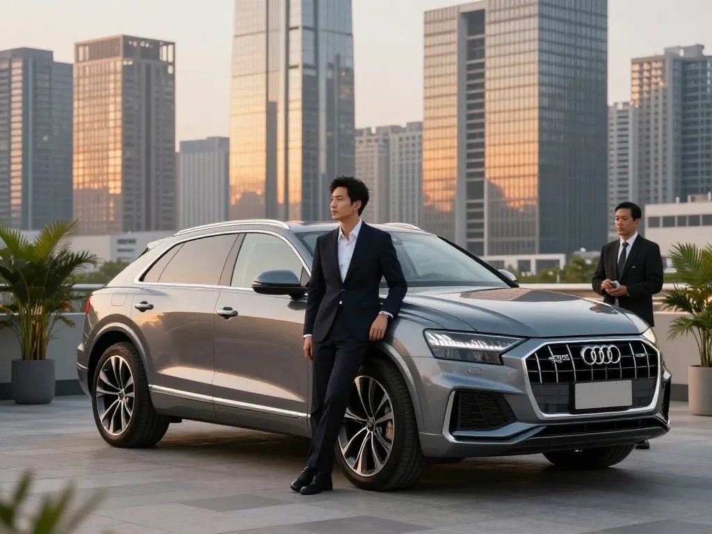 Trải nghiệm cho thuê xe ô tô hạng sang với cho thuê xe ô tô hạng sang có Audi Q8 trong một thành phố sôi động vào lúc hoàng hôn.