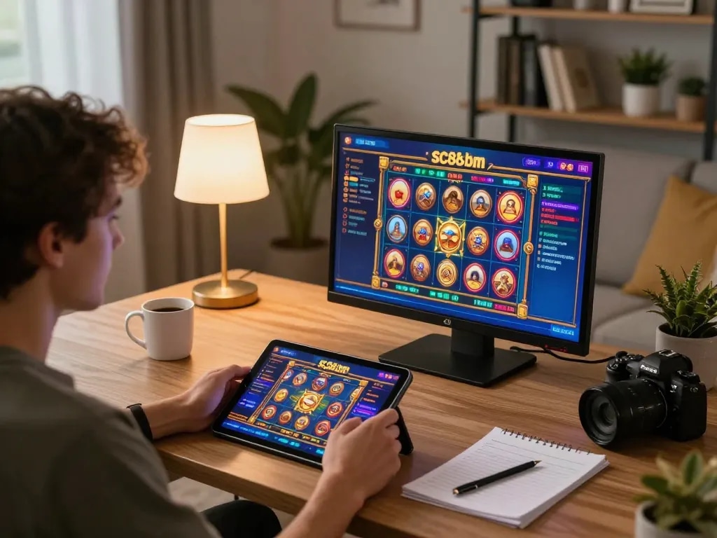 Engaged player using tablet for SC88-bm gaming with vibrant slot visuals in cozy home setting.