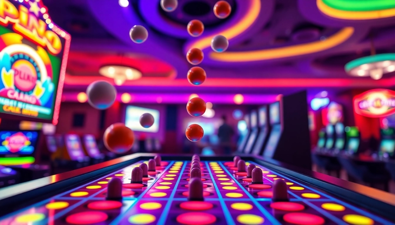 Permainan situs plinko dengan bola yang jatuh dan pegs menyala menambah keseruan.