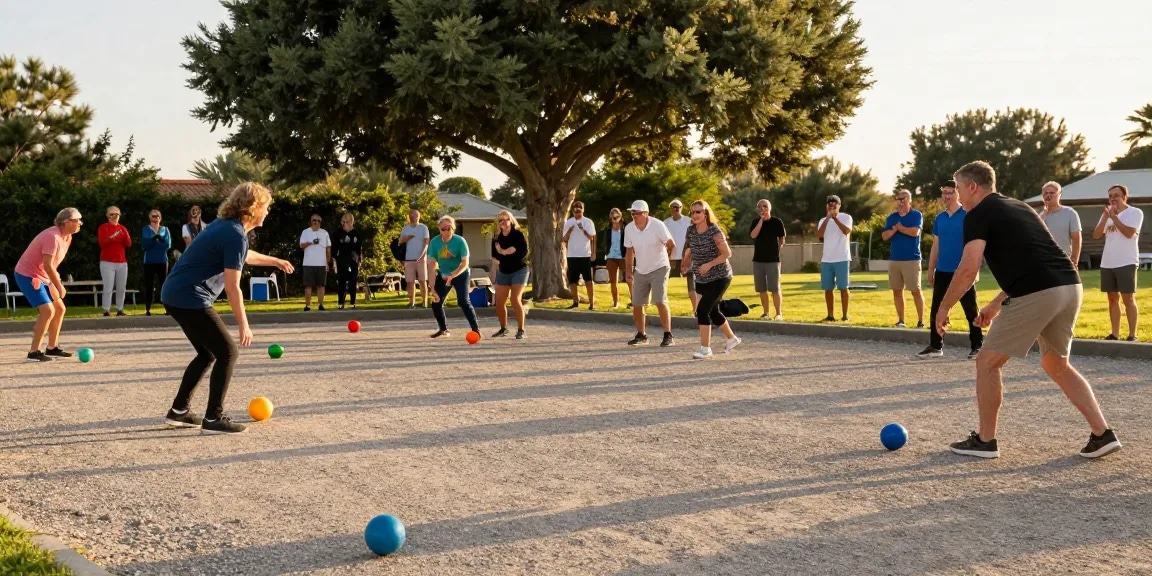 Permainan petanque di fopikotabontang.org saat matahari terbenam, pemain aktif dan antusias.
