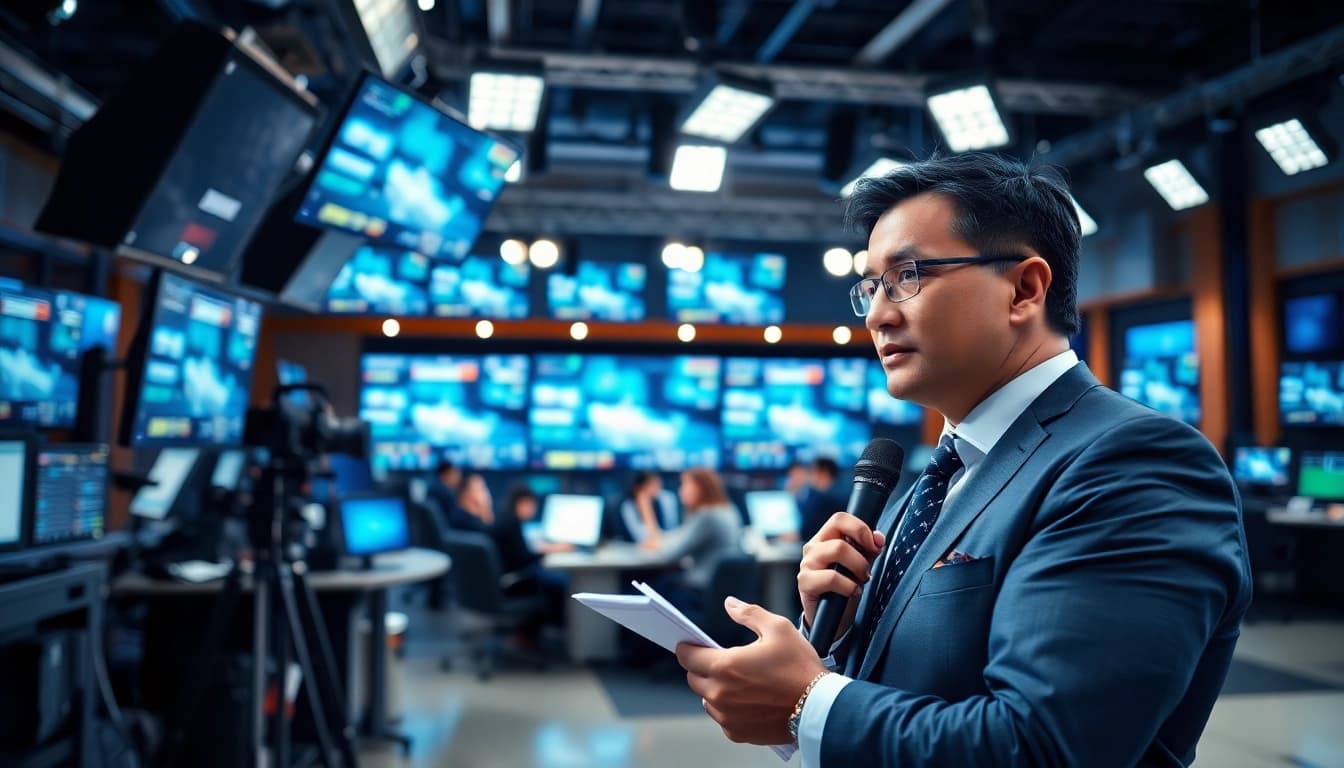 News reporter capturing live updates in a vibrant newsroom environment.