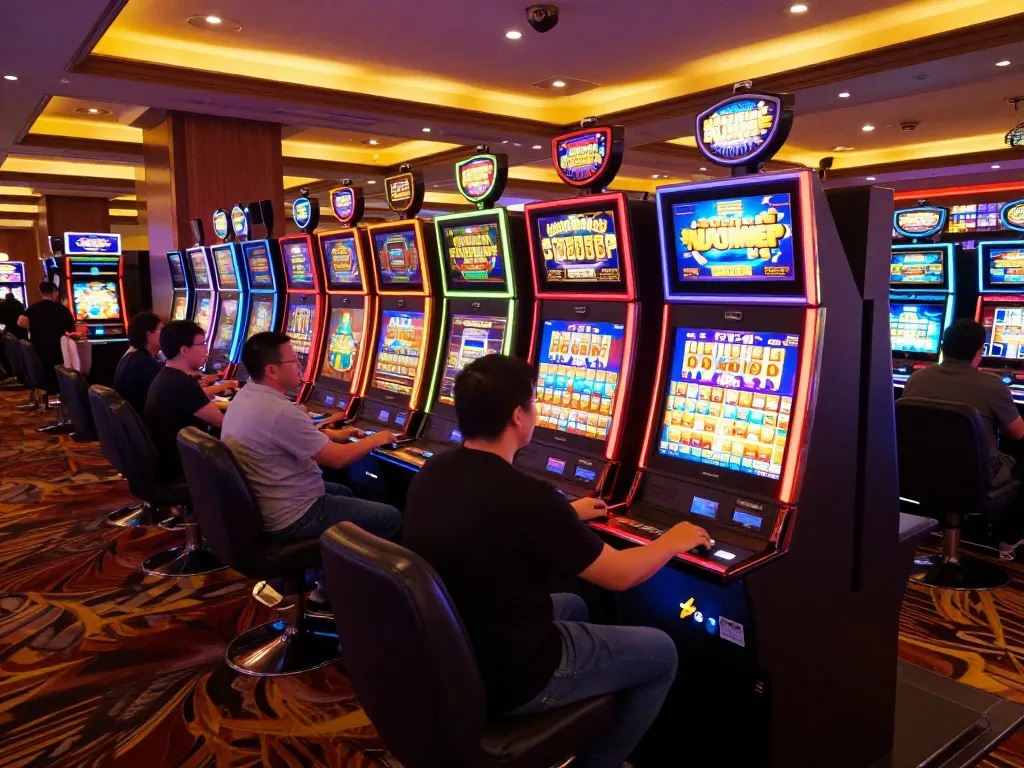 Players enjoying vibrant games at a situs slot gacor slot machine area in a lively casino, bright displays and excitement.