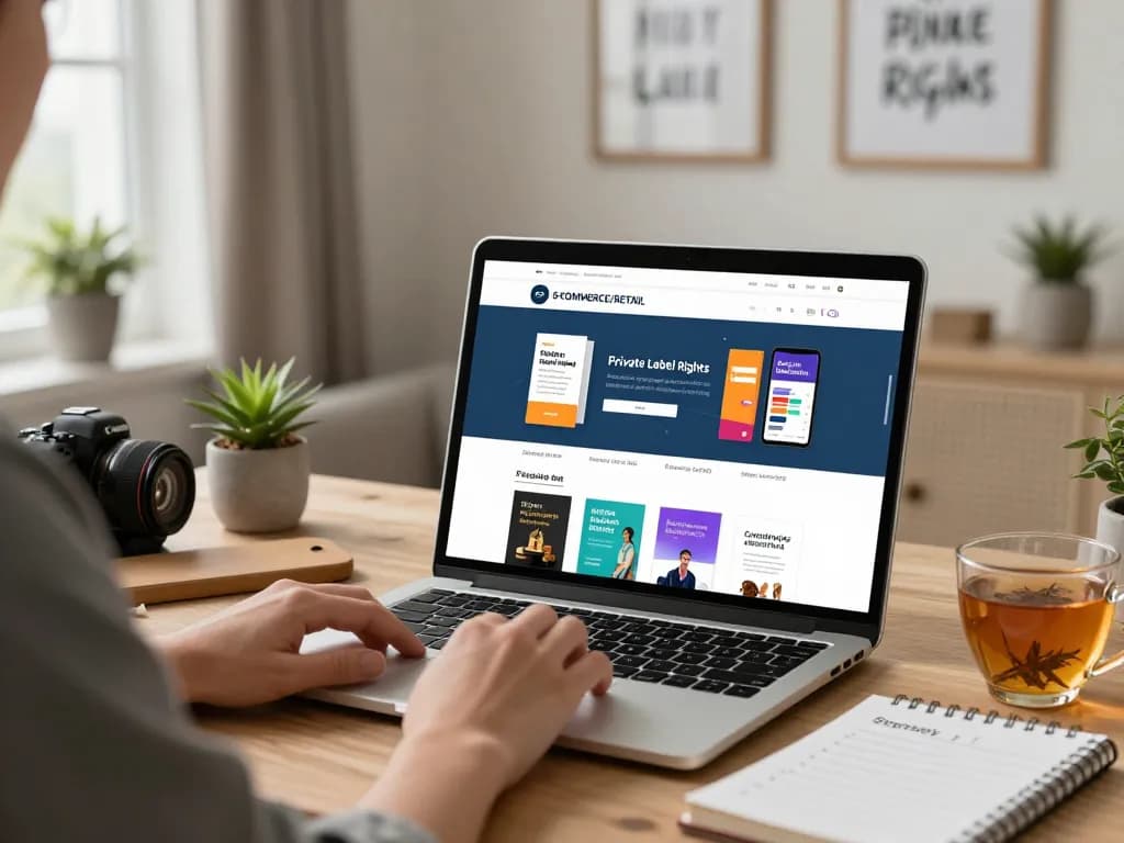 Buy Private Label Rights Products displayed on a laptop screen in a cozy home office setting, inviting ambiance encourages online shopping.