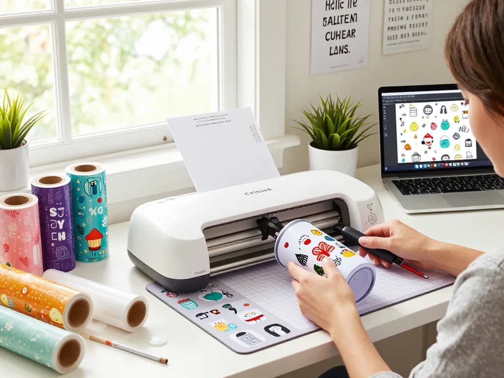 Cricut SVG bundle showcased in a vibrant home crafting workspace with various colorful designs and cheerful atmosphere.
