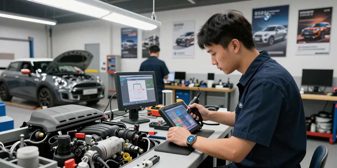 Professionelle BMW Werkstatt Hannover mit Techniker bei der Motorprüfung für BMW und MINI.