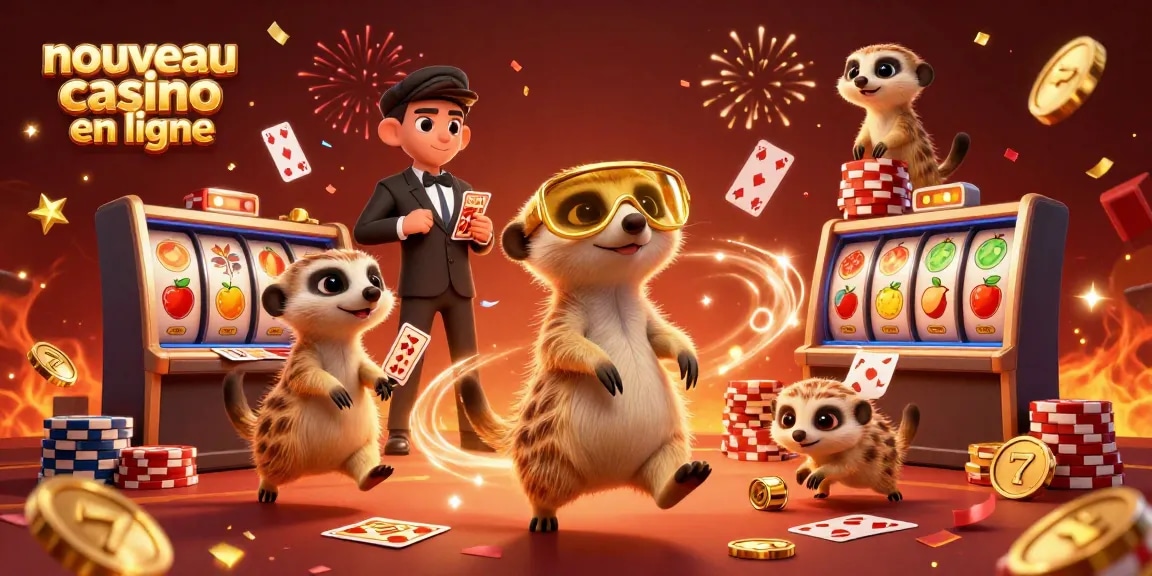 Nouveau casino en ligne avec des suricates animés maniants des jetons, des cartes et des rouleaux de machines à sous.