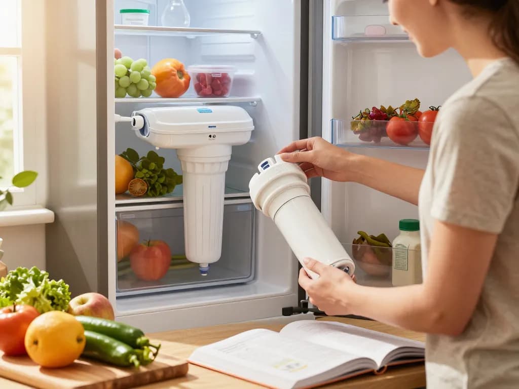 Homeowner installing Waterdrop Plus XWF Replacement for GE® XWF water filter in kitchen setting, bright and clean atmosphere.