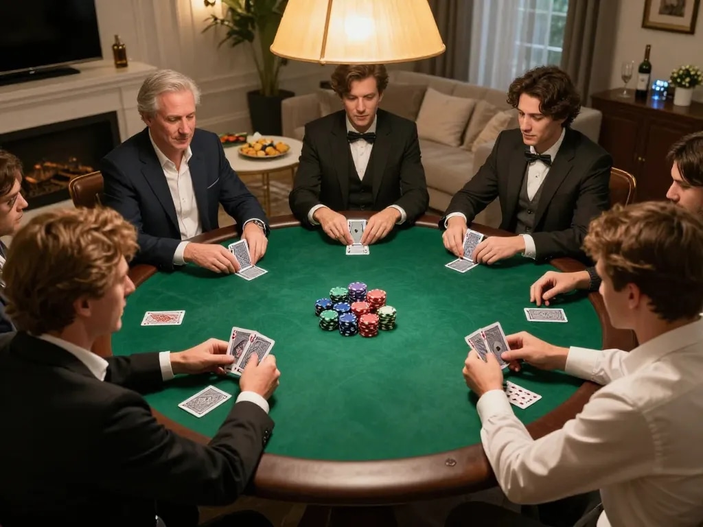 Nhà cái MM88 players enjoy a friendly poker game with chips and cards visible at a round table.