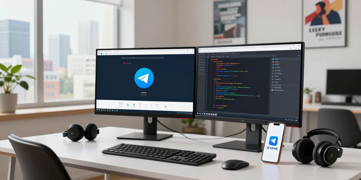 Engaged professional using 纸飞机中文版 on dual monitors in a modern tech workspace.