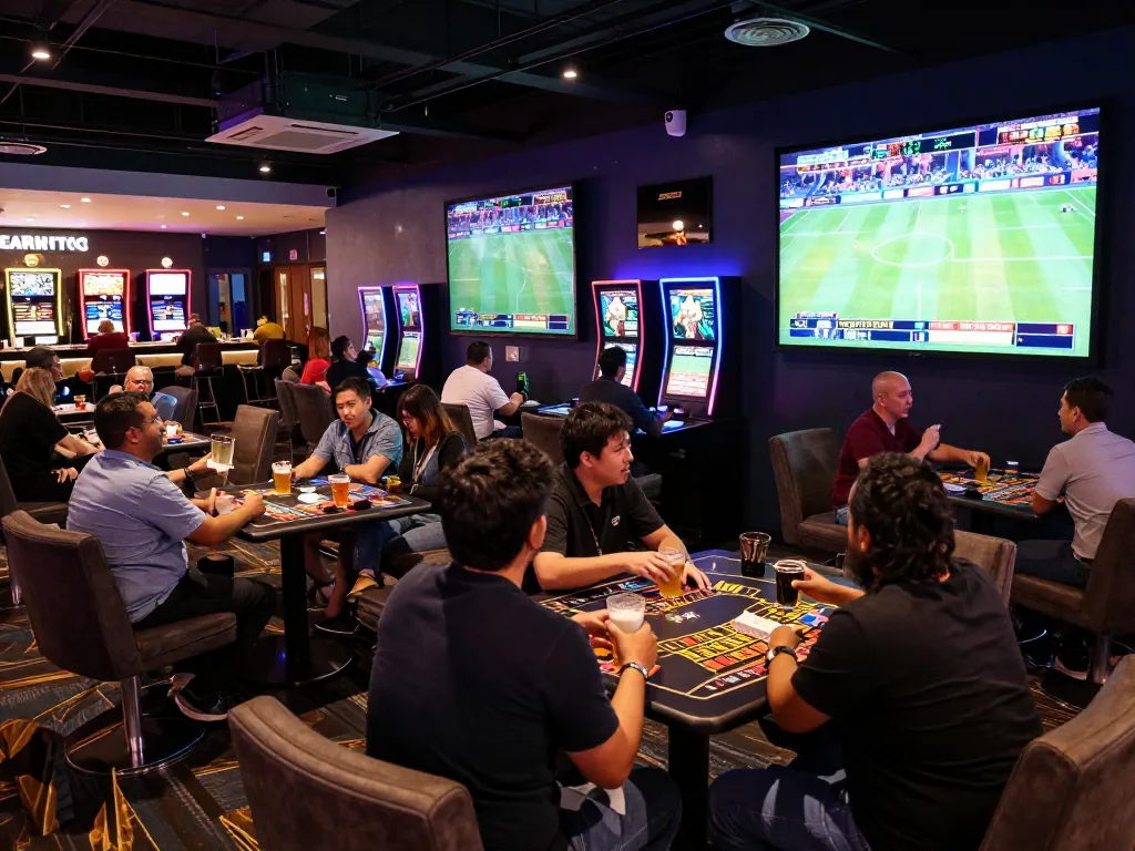 G28-t1 patrons engaging in strategic sports betting in a lively casino setting
