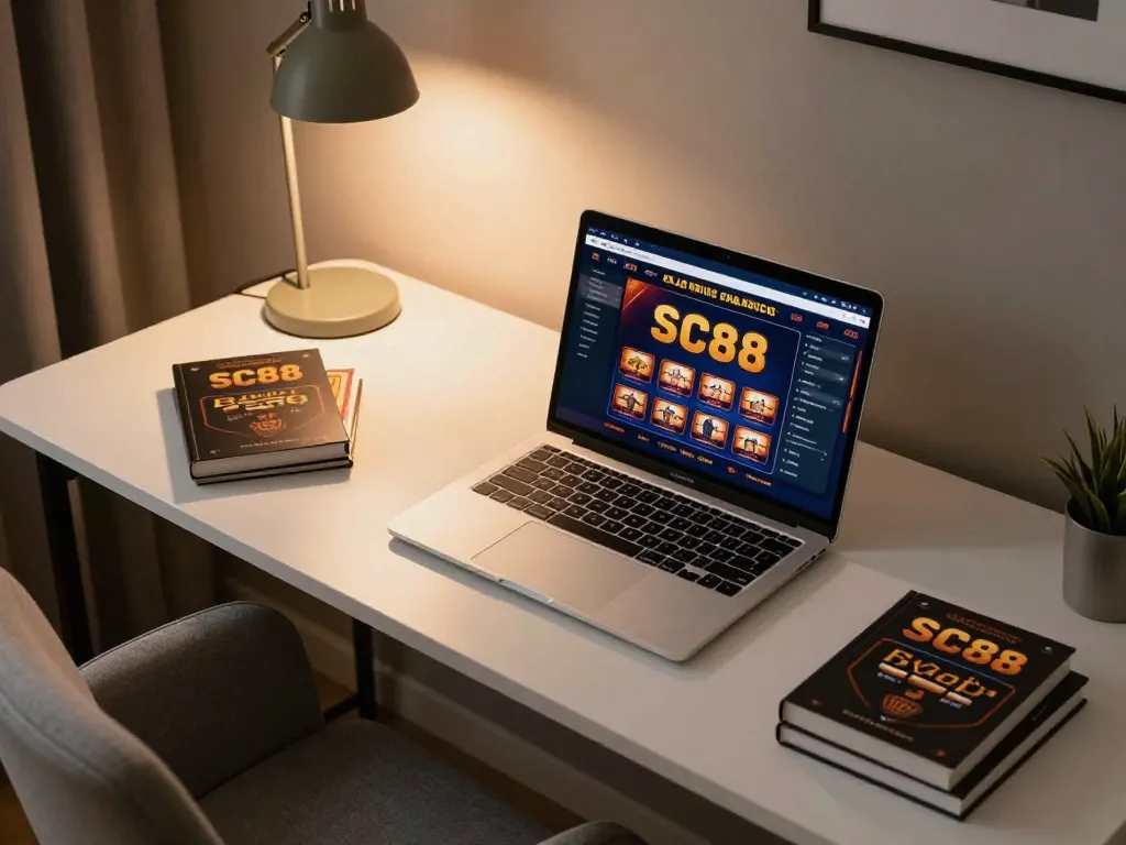 Player strategizing on SC88 online casino with laptop and notes in a cozy home office.