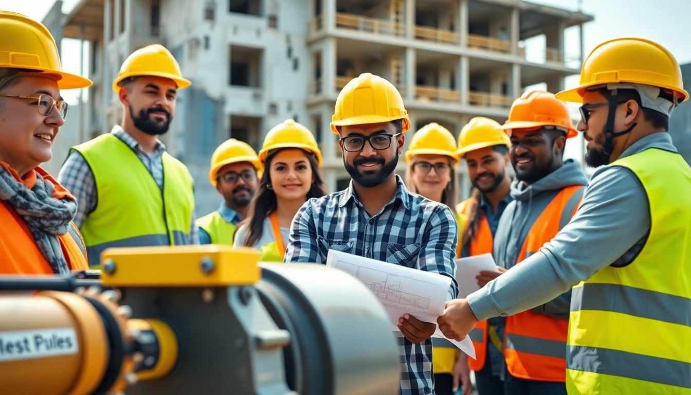 Individuals participating in construction training with hands-on equipment and safety gear outdoors.